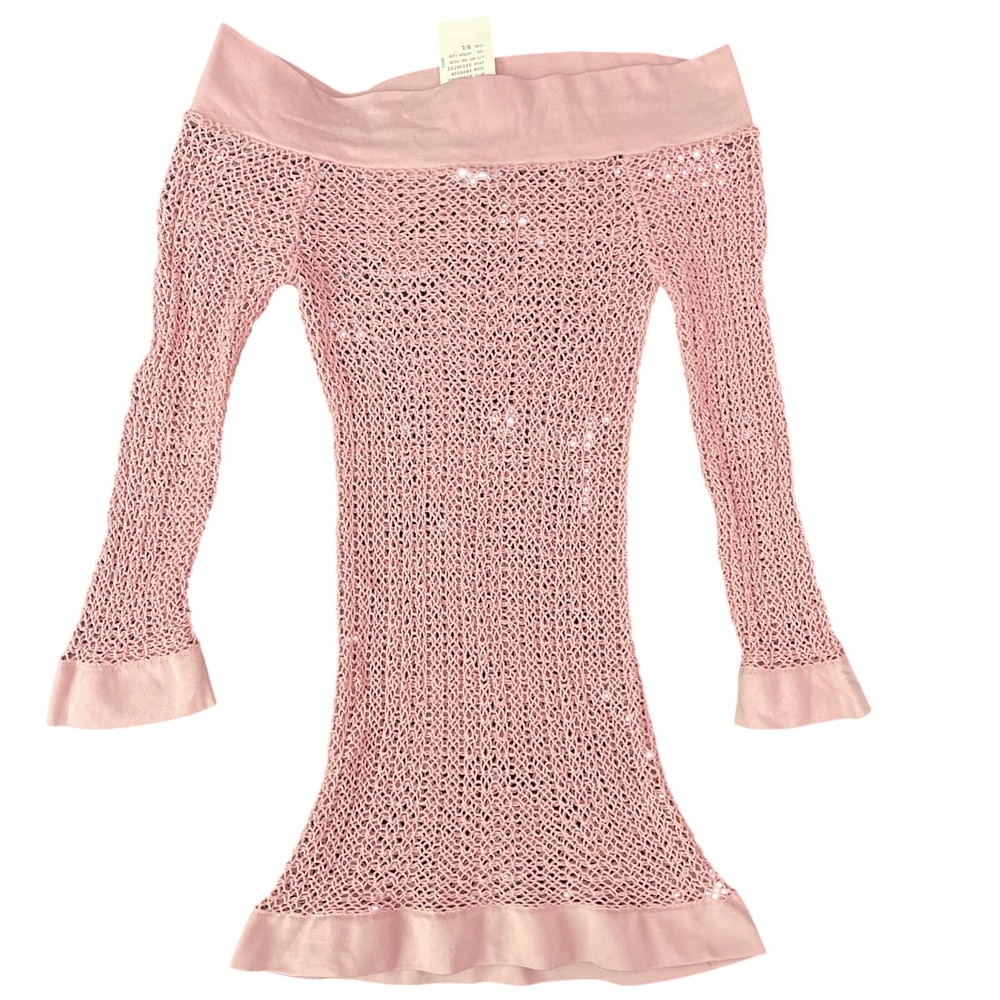 Vintage Arden B Fishnet Off Shoulder Pink Mesh Top Y2K Party Club USA NWT XS-M - Picture 4 of 6